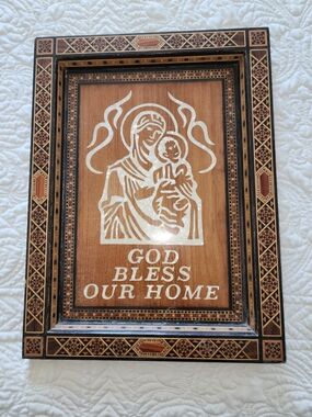 Wood Inlaid Religious Plaque - "God Bless Our Home"